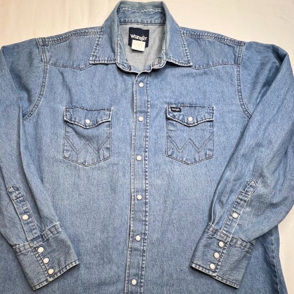 VTG Y2K 90 Wrangler Mens L Western Pearl Snap Button Denim Shirt Blue Jean Ranch